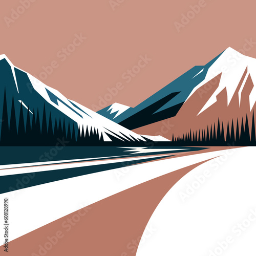 Illustration of a winter landscape with snowy mountains and valley