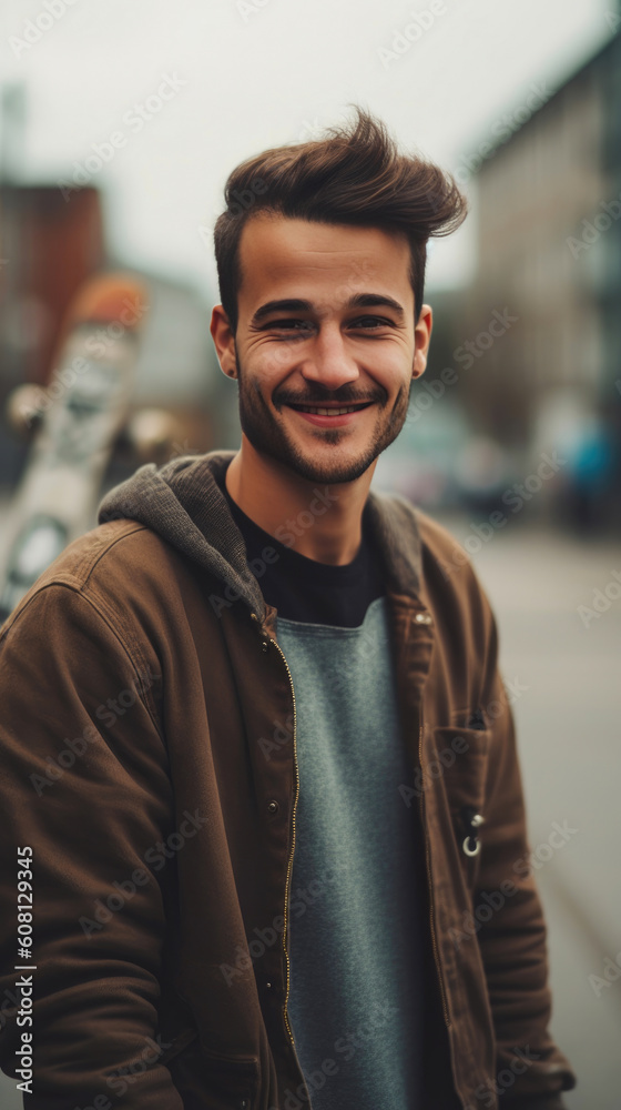 Young European Skater Exuding Confidence with Skateboard. Generative AI Young European Skater Exuding Confidence with Skateboard. Generative AI
