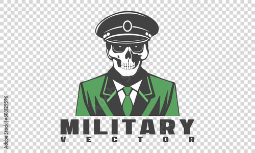 Vector portrait of a dead military man. A skeleton in a green suit and tie. Skull in a military cap. Logo, sticker or emblem. Isolated background.
