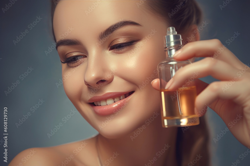 Fototapeta premium Woman Dropping Serum on Face. European Girl Applying Serum Collagen Moisturizer from Pipette on Face close up. Generative AI