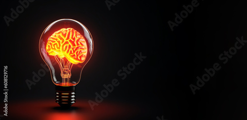 Light of knowledge illumes into the darkness of ignorance, banner. Brains in form of burning light bulb. Generative AI