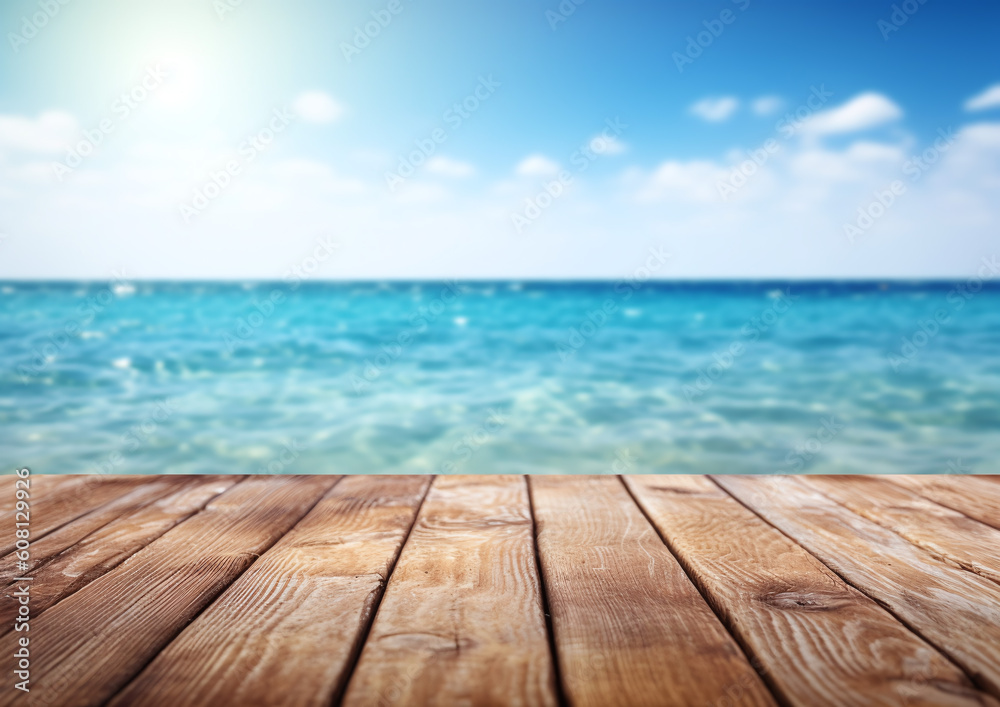 Desk of free space and summer beach landscape, Empty Wooden Planks With Blur Beach And Sea On background. Generative ai