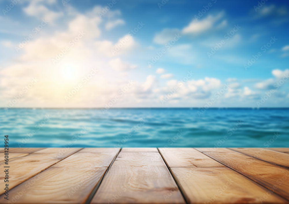 Desk of free space and summer beach landscape, Empty Wooden Planks With Blur Beach And Sea On background. Generative ai