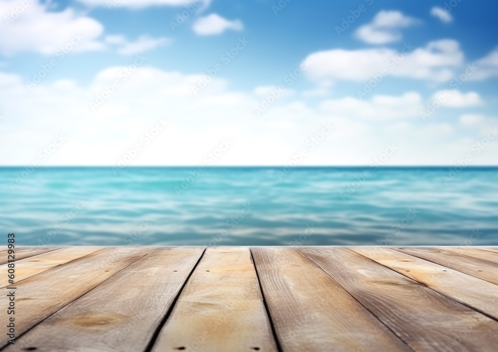 Desk of free space and summer beach landscape, Empty Wooden Planks With Blur Beach And Sea On background. Generative ai