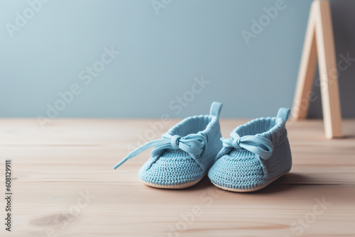 Knitted blue footwear on the wooden floor in light interior. Concept of the birth of a child, having a baby. Generative AI