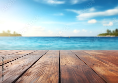 Desk of free space and summer beach landscape  Empty Wooden Planks With Blur Beach And Sea On background. Generative ai