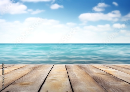 Desk of free space and summer beach landscape  Empty Wooden Planks With Blur Beach And Sea On background. Generative ai