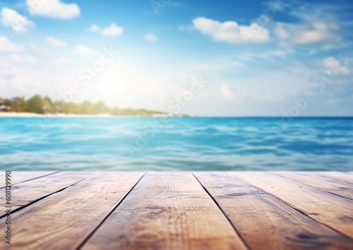 Desk of free space and summer beach landscape, Empty Wooden Planks With Blur Beach And Sea On background. Generative ai