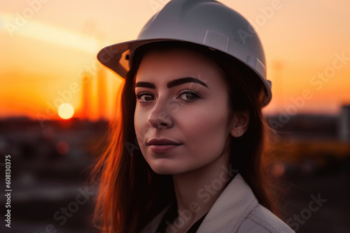 Close-Up Portrait of a Beautiful Woman Engineer with Sunset Glow. Generative AI © AIproduction