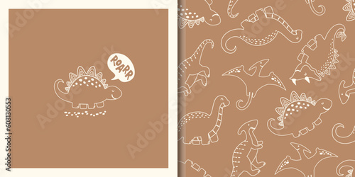 Hand drawn seamless pattern with  Cute dinos in simple outline sketchy style. Doodle characters Animals Background. Cute Cartoon Dinosaurs, volcano, and plants. Vector illustration