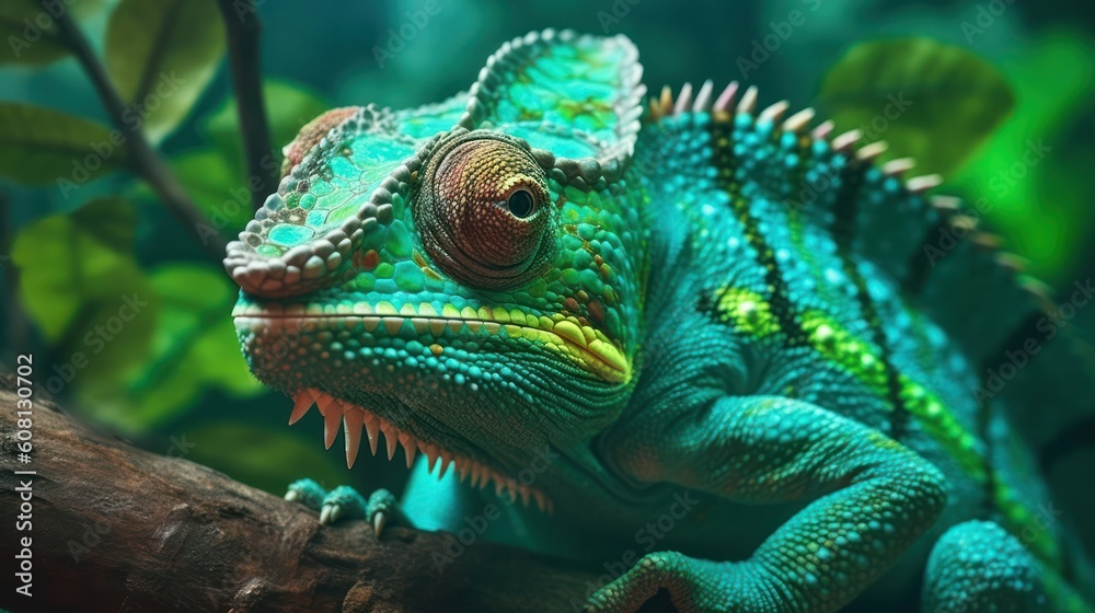 Obraz premium Chameleon close up. Multicolor beautiful reptile with colorful bright skin on a background of grass and leaves. Generative AI.
