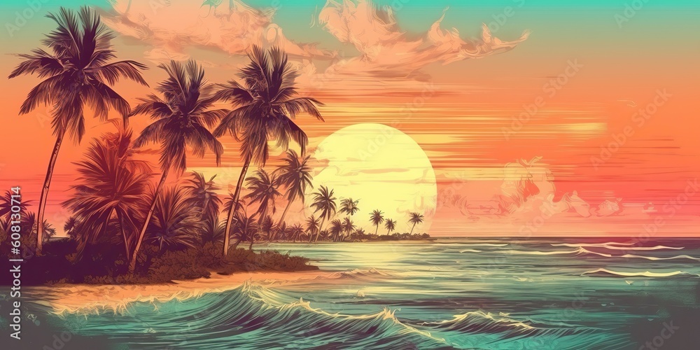 AI Generated. AI Generative. Beach island adventure tropical exotic coast vacation illustration. Graphic Art