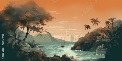 AI Generated. AI Generative. Beach island adventure tropical exotic coast vacation illustration. Graphic Art