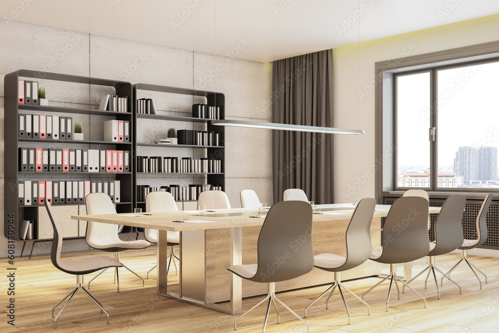 Perspective view of modern empty office interior with wooden floor, concrete walls and large meeting table, window with city view and furniture. Business background and workspace concept, 3D Rendering Perspective view of modern empty office interior with wooden floor, concrete walls and large meeting table, window with city view and furniture. Business background and workspace concept, 3D Rendering