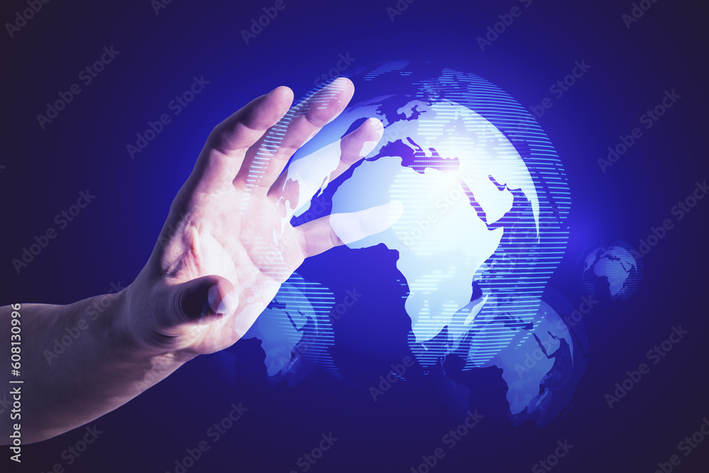 Close up of male hand with glowing digital globe hologram on dark background. Digital world, global hacking protection and hud concept.