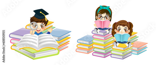 Set of cute boy and girl students with a book, back to school, education, print, artwork, doodle, vector illustration (Vector)