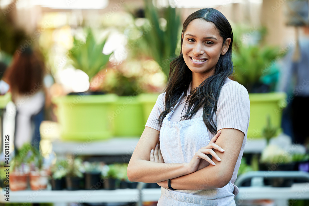 Smile, arms crossed and portrait of woman in garden or nursery as a business owner or employee. Spring, plant expert and a worker at an ecology shop in a park with mockup space for retail or service