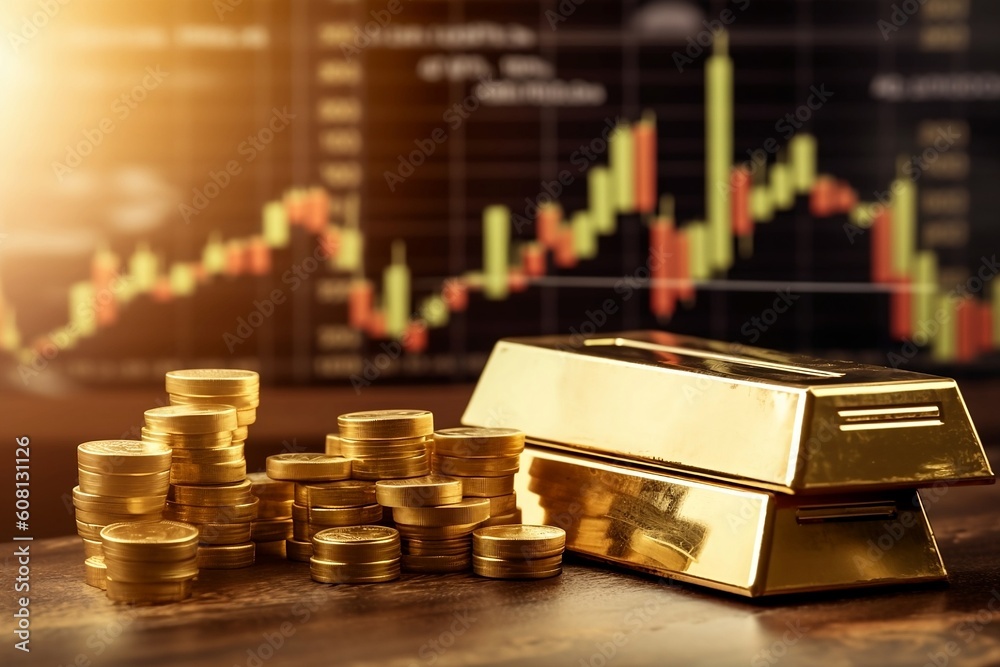 Investment gold and coins in the stock market. Shares graph representing investment - Generative AI Investment gold and coins in the stock market. Shares graph representing investment - Generative AI