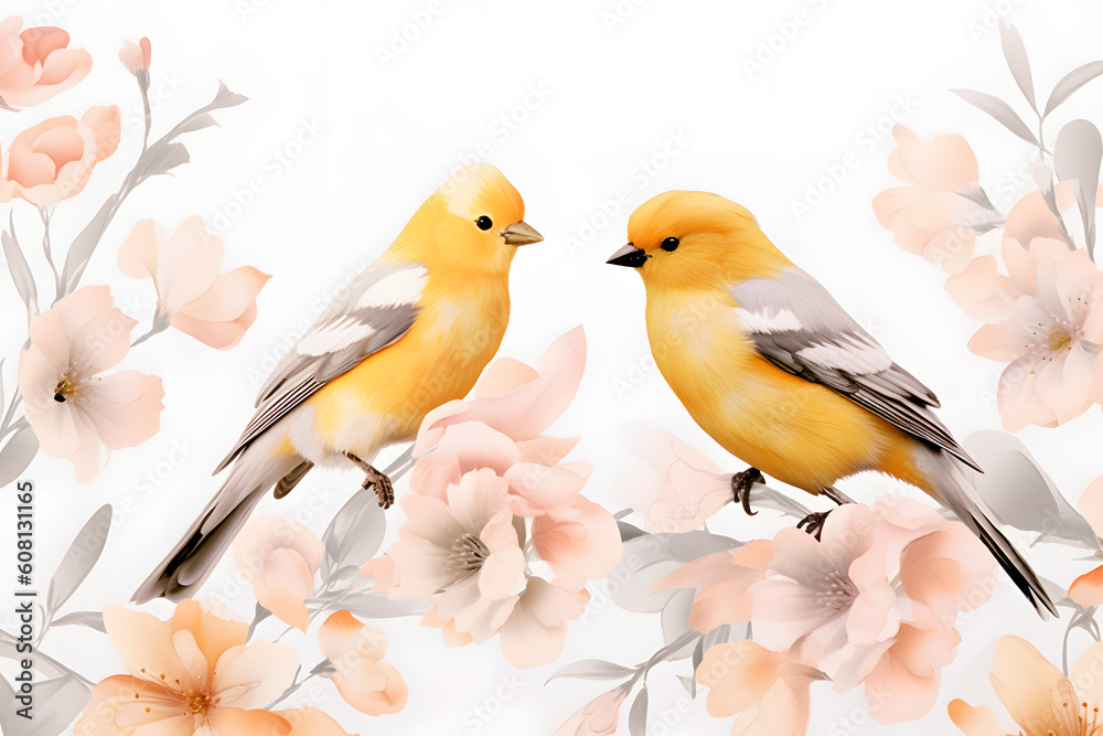 Pair of yellow birds in spring nature. Pastel color style in pink tones - Generative AI