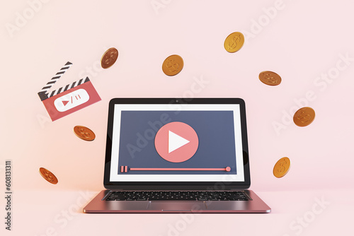 Creative image of paid online movie theater concept with laptop and dollar coins on pink background. 3D Rendering. photo