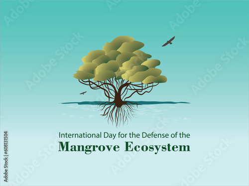 International Day for the Defense of the Mangrove Ecosystem.July 26.Mangrove on blue-green background and bird silhouette.