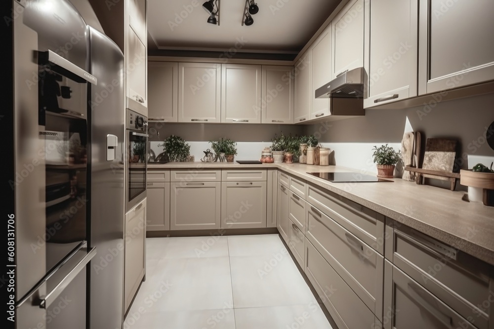 Fototapeta premium Interior of modern kitchen with appliances at home, generative AI