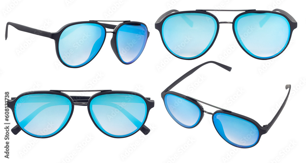 kit modern trendy blue glass sunglasses isolated from background