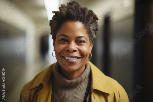 Energetic African American educator spreading happiness in the hallway. Generative AI