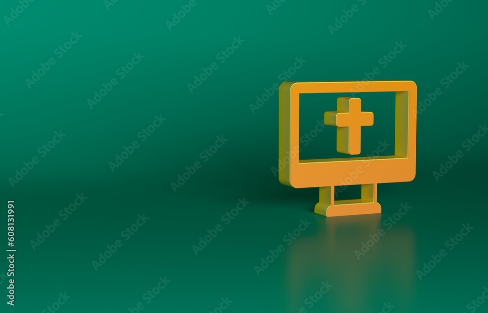 Obraz premium Orange Christian cross on monitor icon isolated on green background. Church cross. Minimalism concept. 3D render illustration