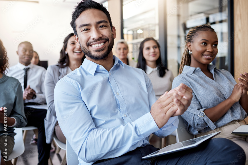 Portrait, applause and business man in a crowd with a group of people clapping for a victory or achievement. Winner, wow and motivation with a team of employees in a coaching or training seminar Portrait, applause and business man in a crowd with a group of people clapping for a victory or achievement. Winner, wow and motivation with a team of employees in a coaching or training seminar
