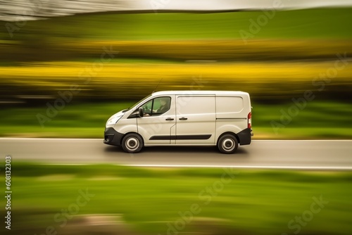Logistic Delivery van on a country road panning effect. Generative Ai