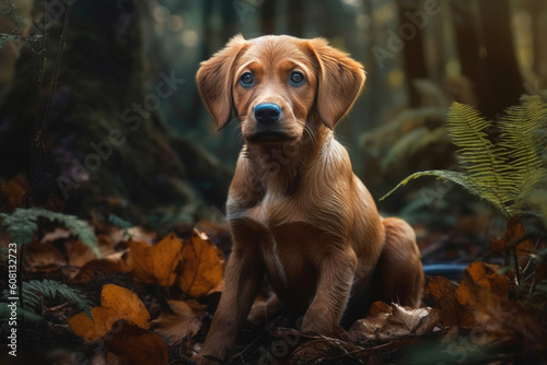 Lively Puppy Enjoying the Picturesque Forest. Generative AI © AIproduction