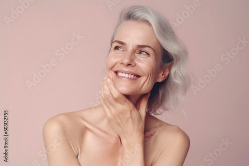 Glowing Mature Woman Exuding Happiness While Touching Her Face. Generative AI