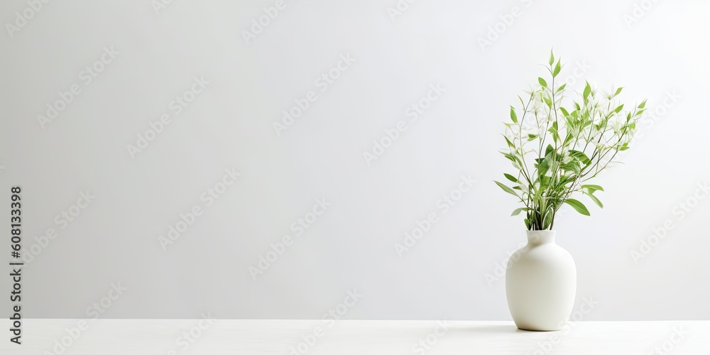 Product Showcase. Interior Design Inspiration Table with Green Plant and white Vase on a Table in house Product Showcase. Interior Design Inspiration Table with Green Plant and white Vase on a Table in house