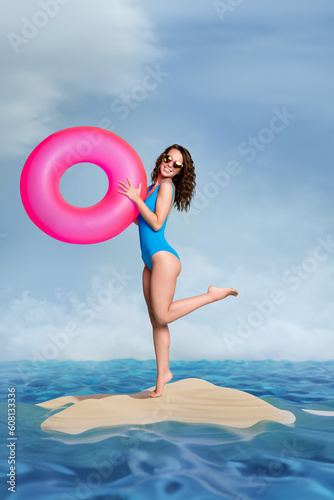 Poster banner 3d collage photo of beautiful happy girl hold rubber toy rejoice resort tropics outside enjoy sunny weather paradise around