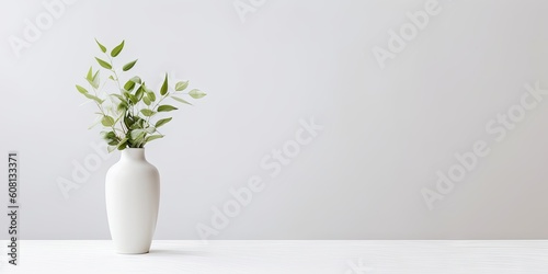 Product Showcase. Interior Design Inspiration Table with Green Plant and white Vase on a Table in house
