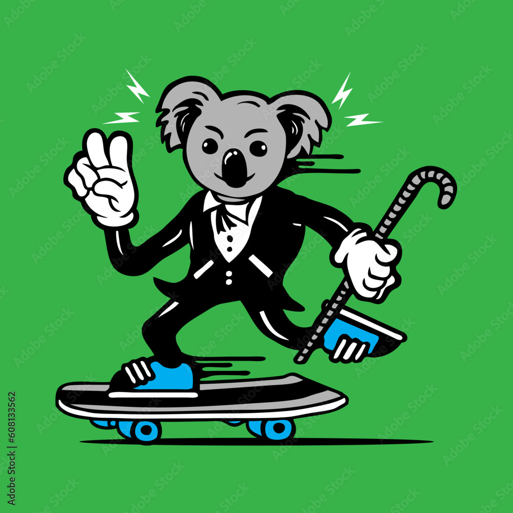 Skateboarding Koala Bear in Tuxedo Mascot Character Design Vector
