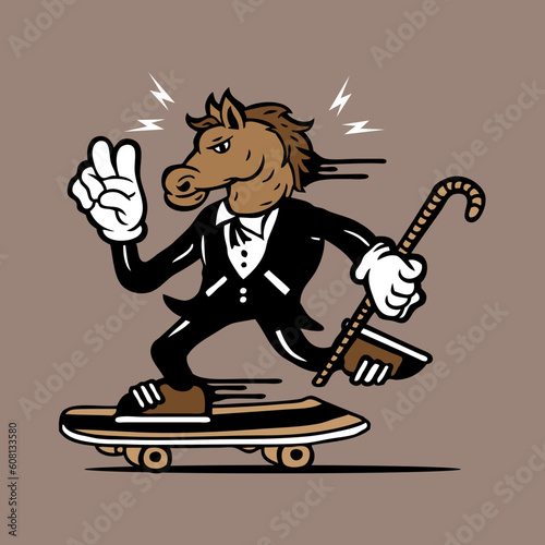 Skateboarding Horse in Tuxedo Mascot Character Design Vector