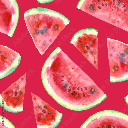 Watercolor tropical watermelon slices fruit illustration seamless pattern. On a Viva Magenta background. Hand painted. Repeating summer fruit background. Bright and juicy. Fruits pattern.