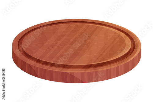 Wooden round pizza board, pate top view in cartoon style isolated on white background. Kitchen enpty cutting desk. 