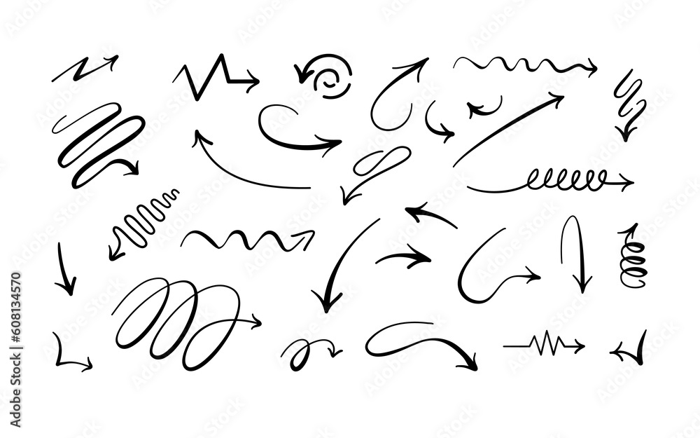 Vector illustration of Set of hand drawn arrows in black and white color with sketch doodle style. Perfect for backgrounds, textures, or decorative elements in various media