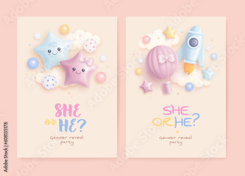 He or she. Boy or Girl. Set of cartoon gender reveal invitation template. Vertical banner with realistic toys and helium balloons. Vector illustration