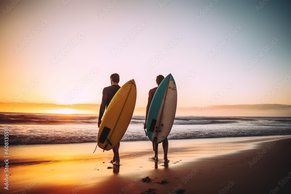 Back View Of Two Surfers With Surfboards At The Beach Heading To The Waves At Beautiful Sunrise - Generative AI
