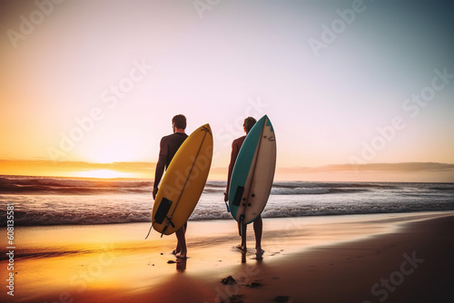 Back View Of Two Surfers With Surfboards At The Beach Heading To The Waves At Beautiful Sunrise - Generative AI