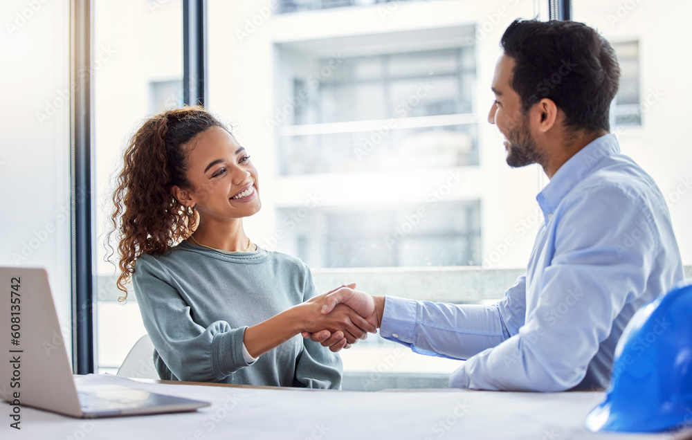 Handshake, construction worker and woman or partner for business success, partnership or engineering deal in office. B2b, onboarding and architecture contractor or happy people shaking hands for job Handshake, construction worker and woman or partner for business success, partnership or engineering deal in office. B2b, onboarding and architecture contractor or happy people shaking hands for job