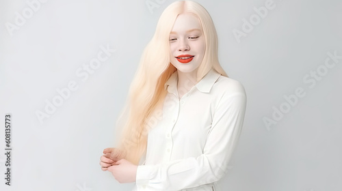 Smiling albino young woman close up portrait in white shirt on white background, happy attractive girl with albinism portrait, albino woman with absence of pigment in skin and hair, generative AI