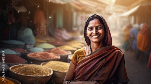 Indian woman sells spices in local market at beautiful sunlight, smiling market seller with bags of different fragrant spices welcome customers, happy indian woman sells spices on rural market