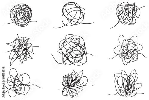 Set of random chaotic lines. Hand drawing insane tangled scribble clew. Vector icon isolated on white background. photo