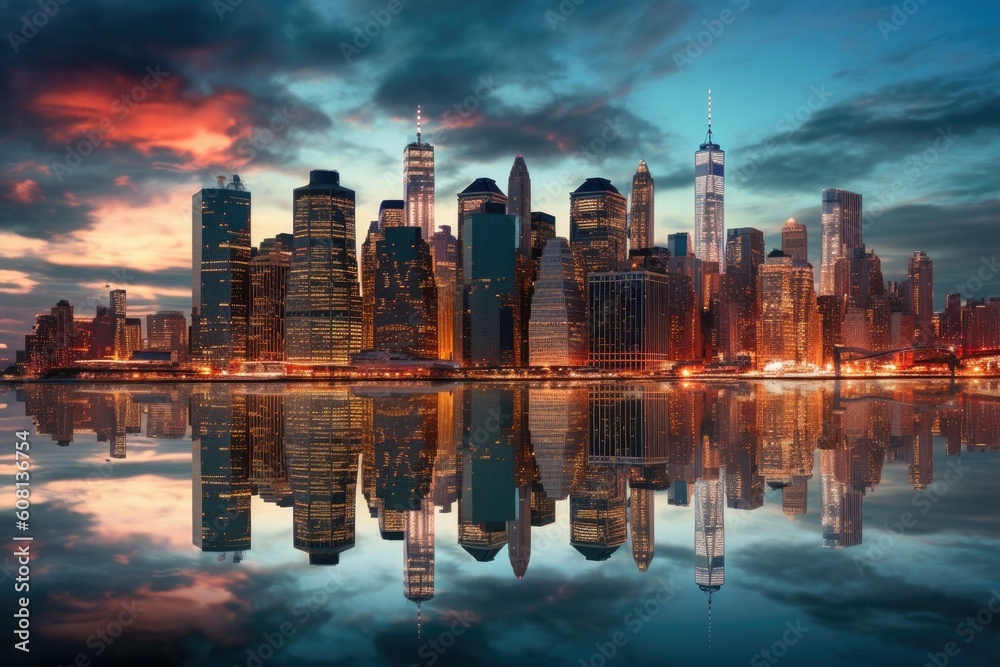 Illustration of a city skyline and its reflection in the water, Generative AI