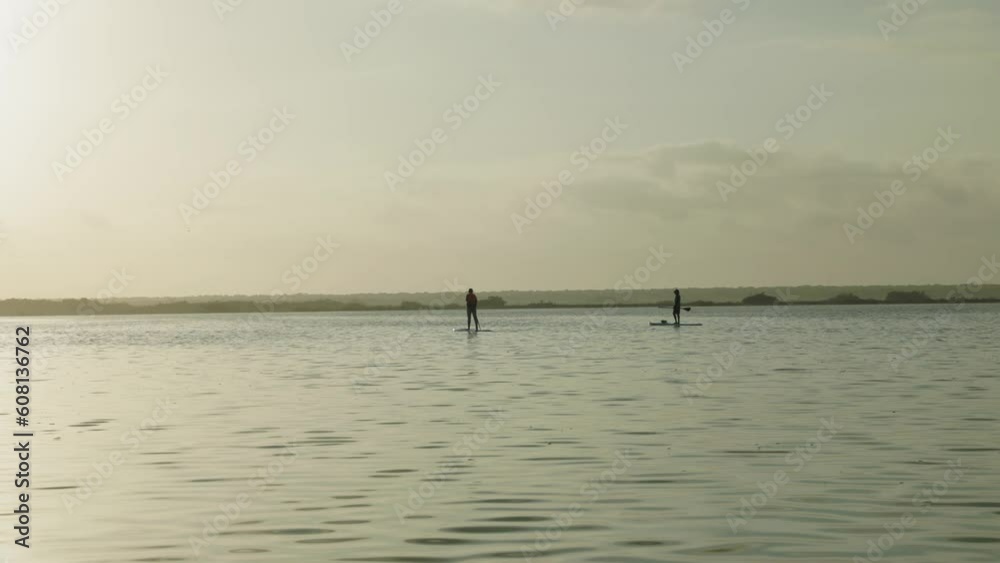 couple paddleboarding on bacalar lagoon in mexico during sunrise, wide couple paddleboarding on bacalar lagoon in mexico during sunrise, wide